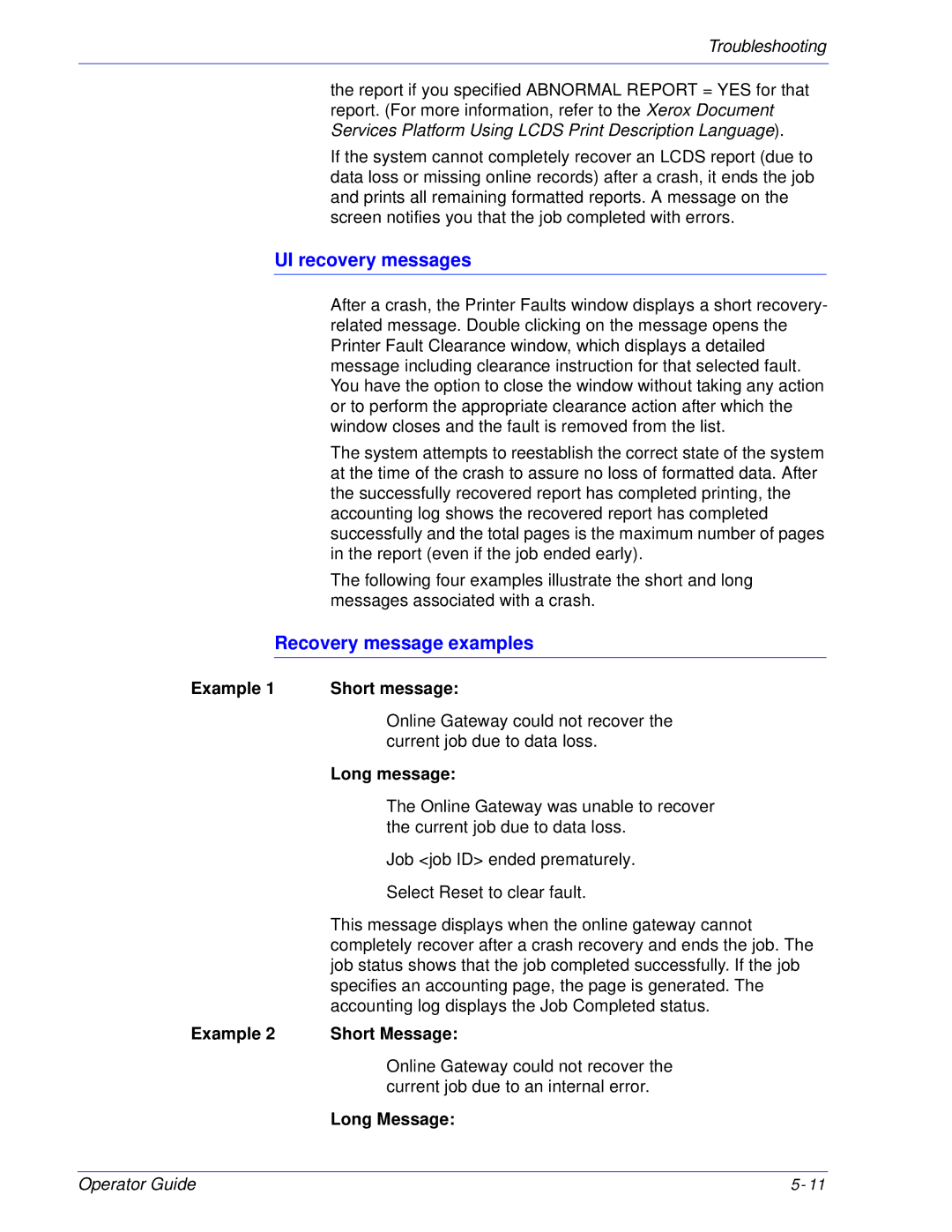 Xerox 180 EPS, 100 manual UI recovery messages, Recovery message examples, Example Short message, Long message 