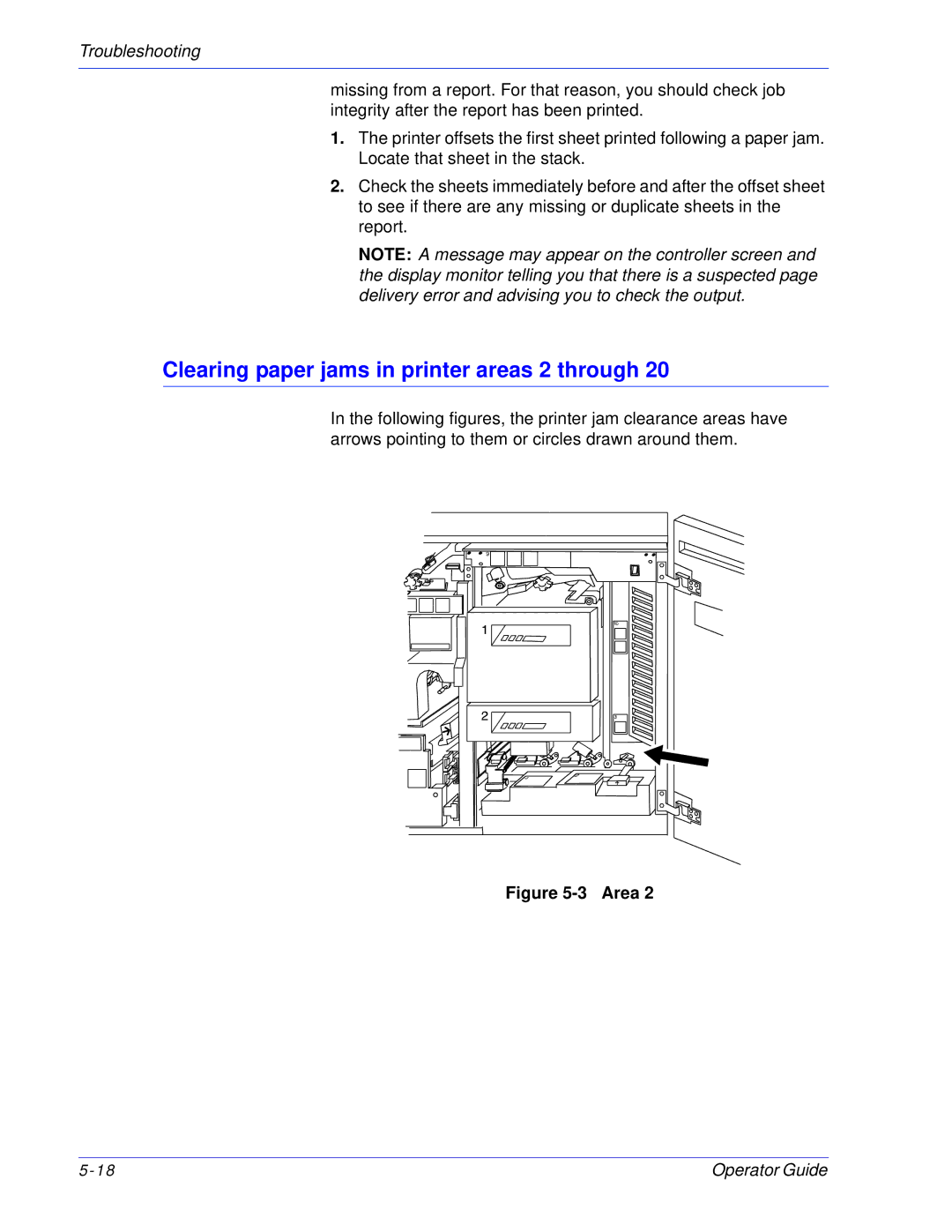 Xerox 100, 180 EPS manual Clearing paper jams in printer areas 2 through, Area 