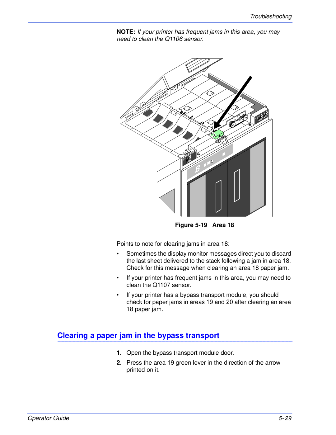 Xerox 180 EPS, 100 manual Clearing a paper jam in the bypass transport, Area 