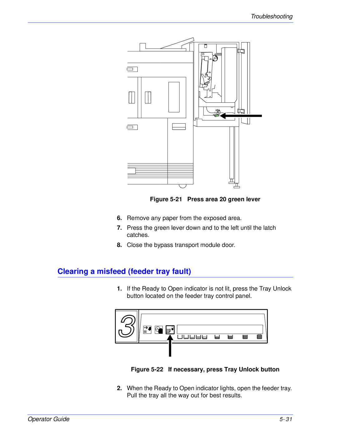 Xerox 180 EPS, 100 manual Clearing a misfeed feeder tray fault, Press area 20 green lever 