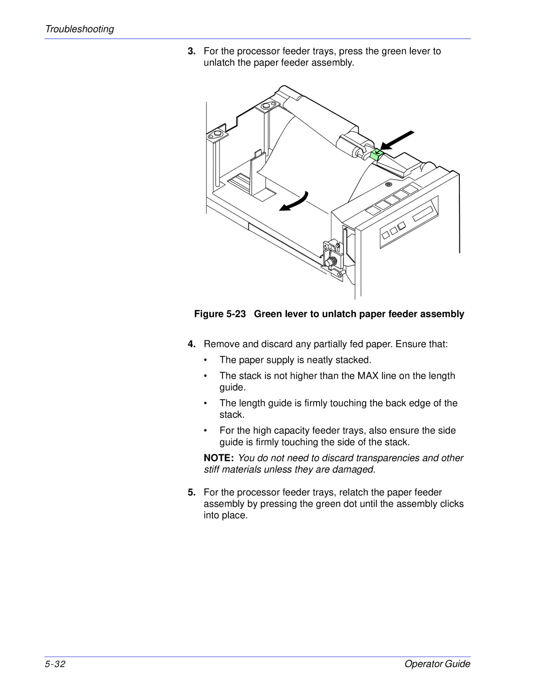 Xerox 100, 180 EPS manual Green lever to unlatch paper feeder assembly 