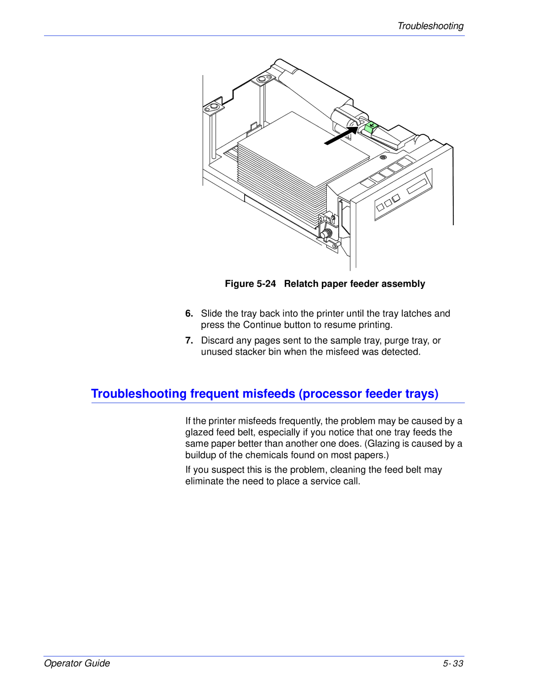 Xerox 180 EPS, 100 manual Troubleshooting frequent misfeeds processor feeder trays, Relatch paper feeder assembly 