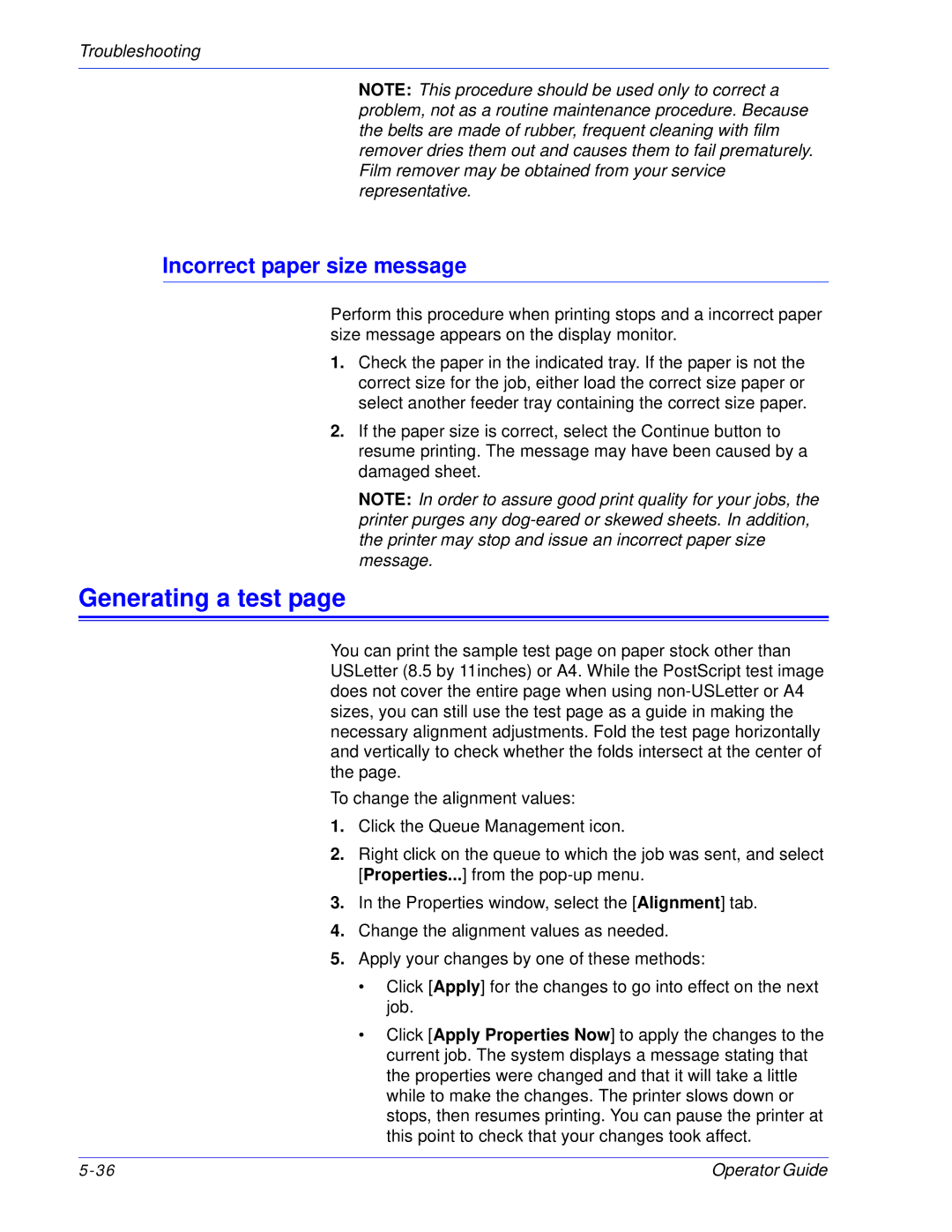 Xerox 100, 180 EPS manual Generating a test, Incorrect paper size message 