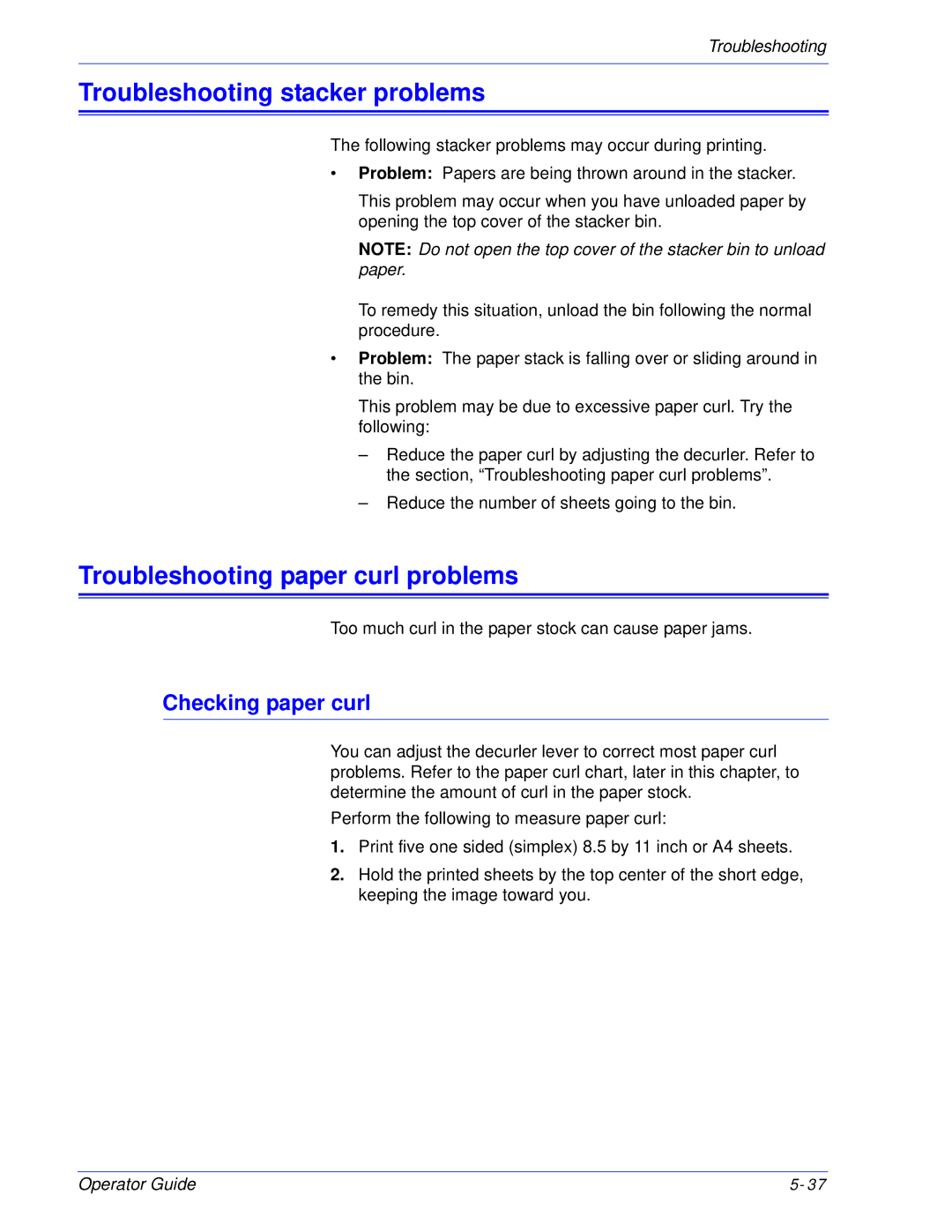 Xerox 180 EPS, 100 manual Troubleshooting stacker problems, Troubleshooting paper curl problems, Checking paper curl 