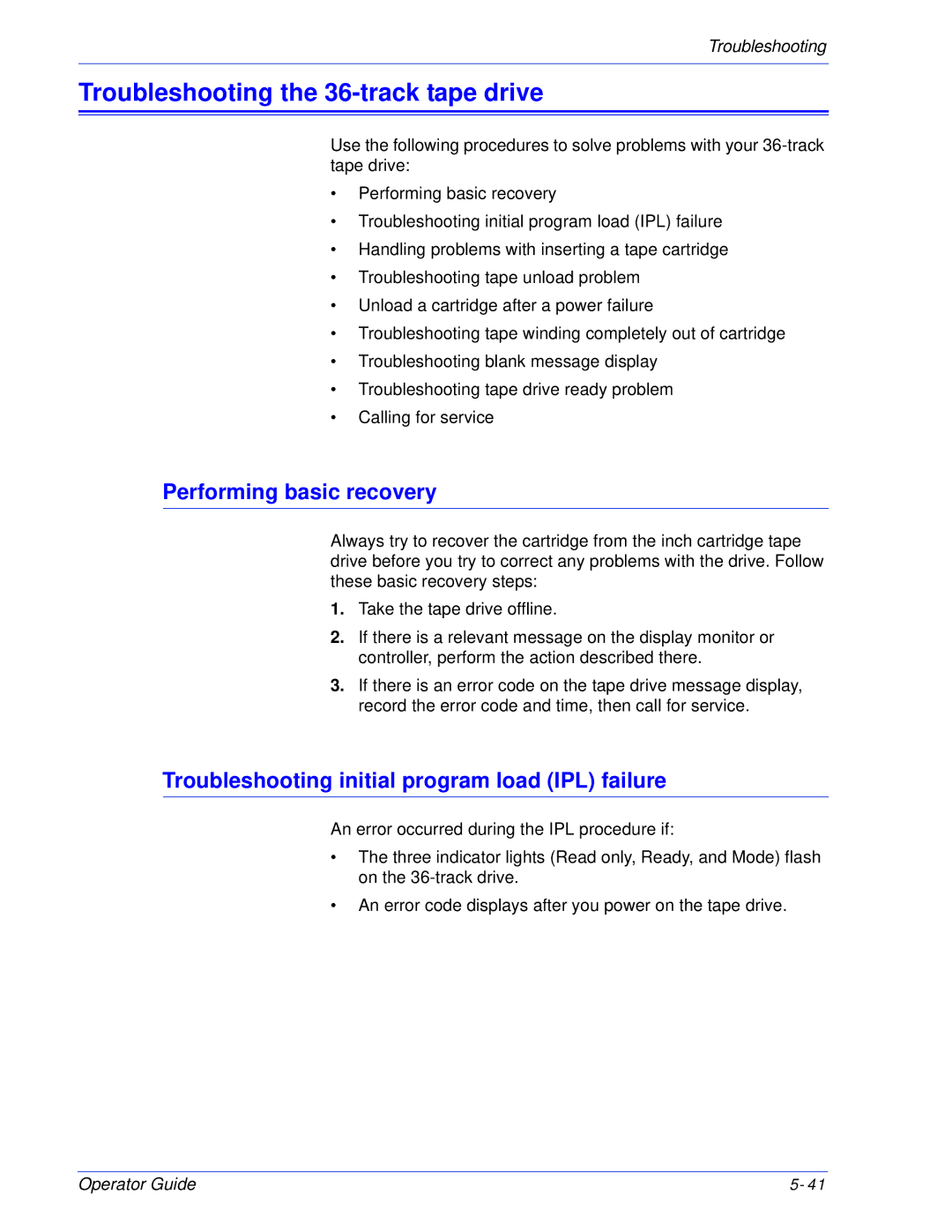 Xerox 180 EPS, 100 manual Troubleshooting the 36-track tape drive, Performing basic recovery 