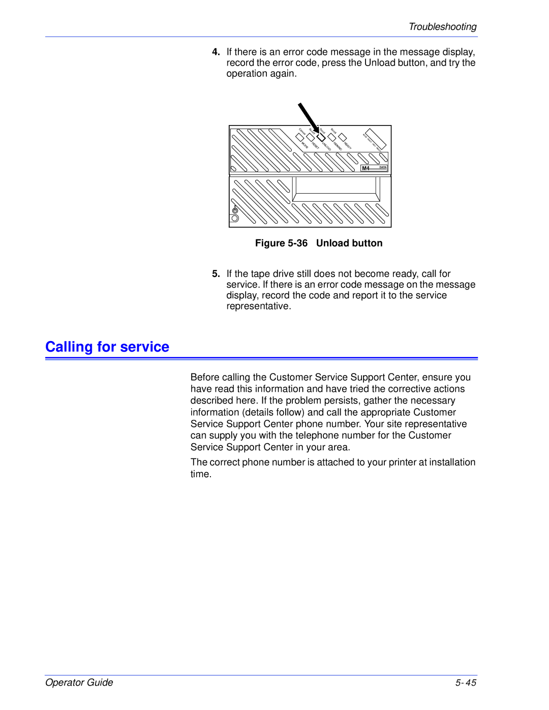 Xerox 180 EPS, 100 manual Calling for service, Unload button 