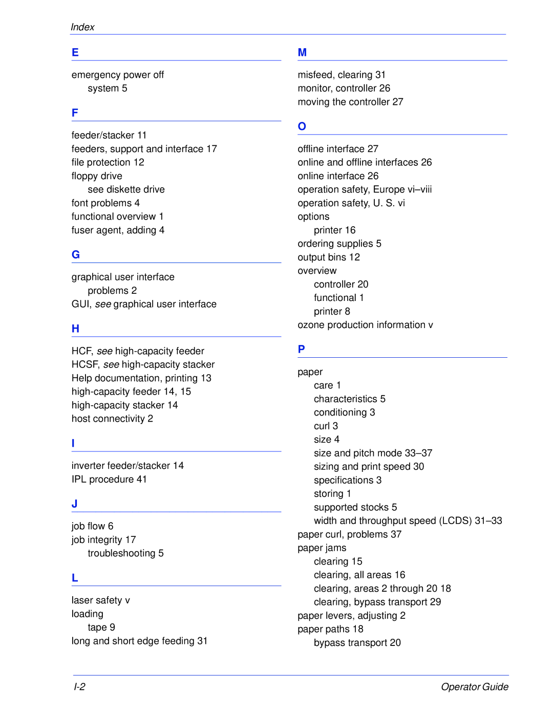 Xerox 100, 180 EPS manual Index 