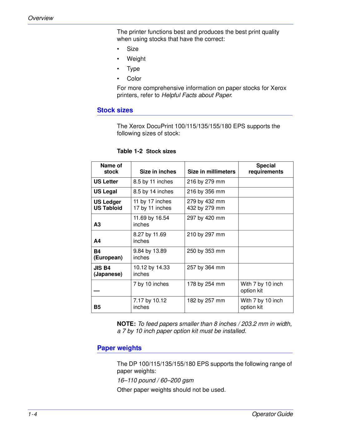 Xerox 100, 180 EPS manual Stock sizes, Paper weights 