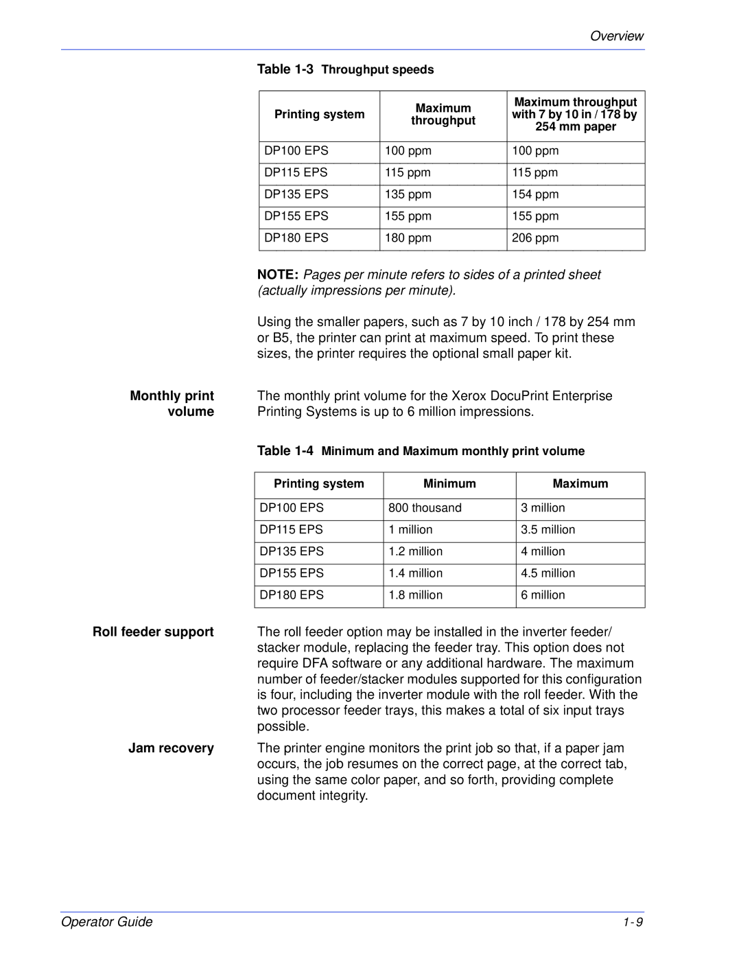 Xerox 180 EPS, 100 manual 4Minimum and Maximum monthly print volume Printing system 