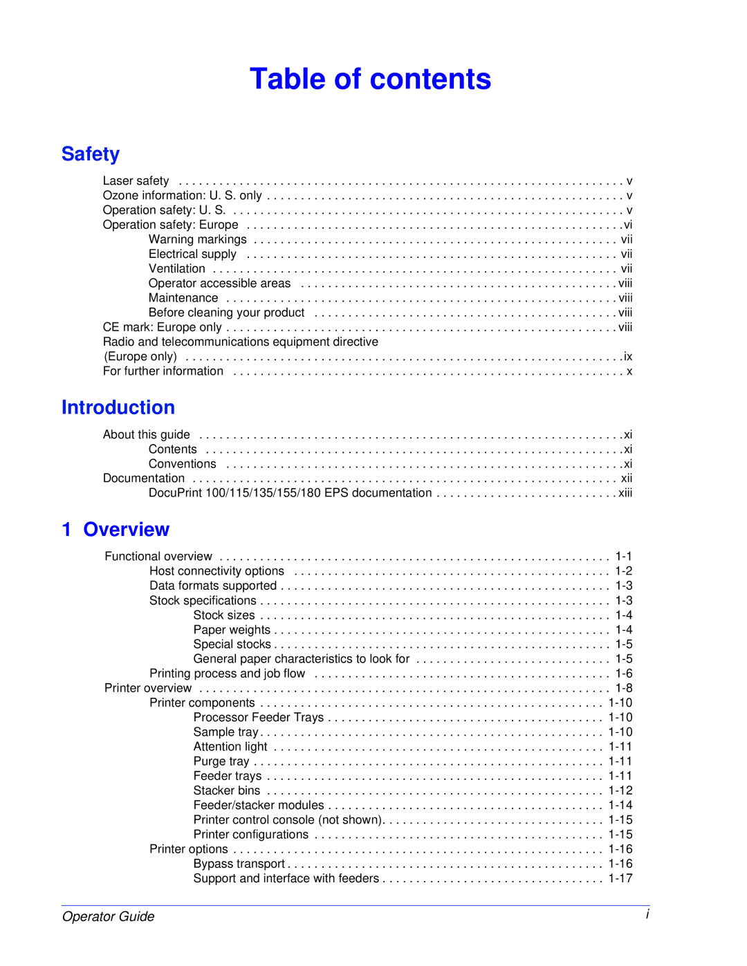 Xerox 180 EPS, 100 manual Table of contents 