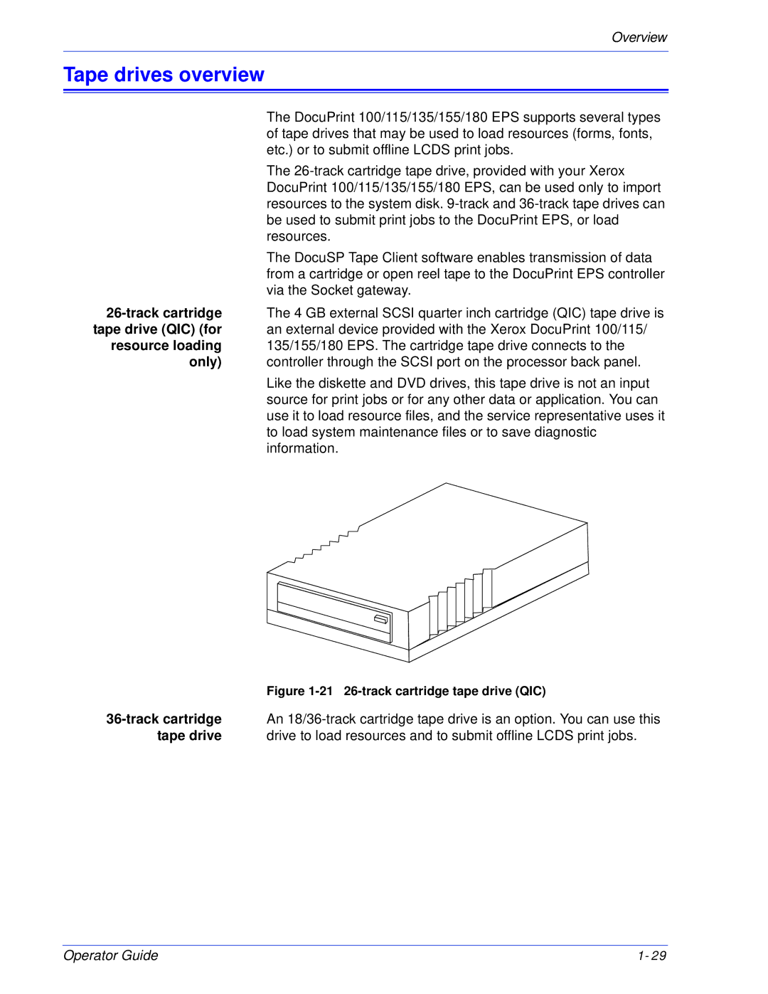 Xerox 180 EPS, 100 manual Tape drives overview, 21 26-track cartridge tape drive QIC 