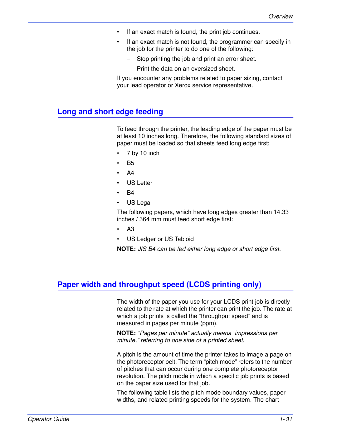 Xerox 180 EPS, 100 manual Long and short edge feeding, Paper width and throughput speed Lcds printing only 