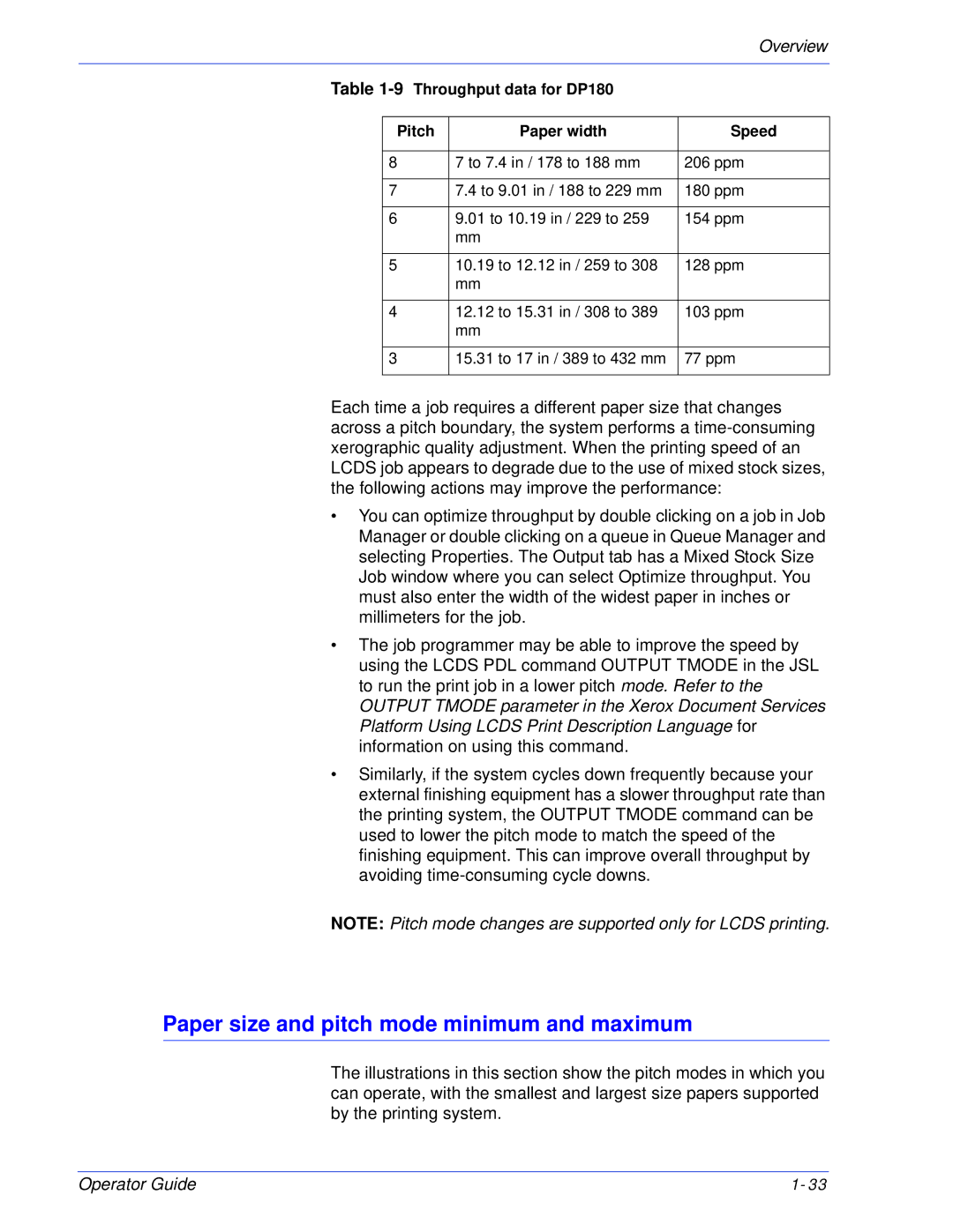 Xerox 180 EPS, 100 manual Paper size and pitch mode minimum and maximum, 9Throughput data for DP180 Pitch Paper width Speed 