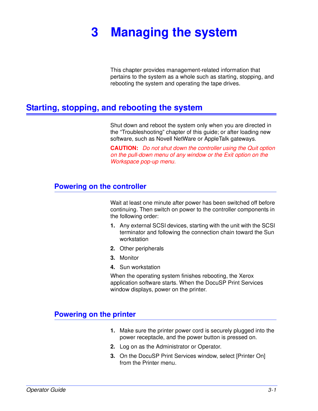 Xerox 180 EPS, 100 manual Starting, stopping, and rebooting the system, Powering on the controller 