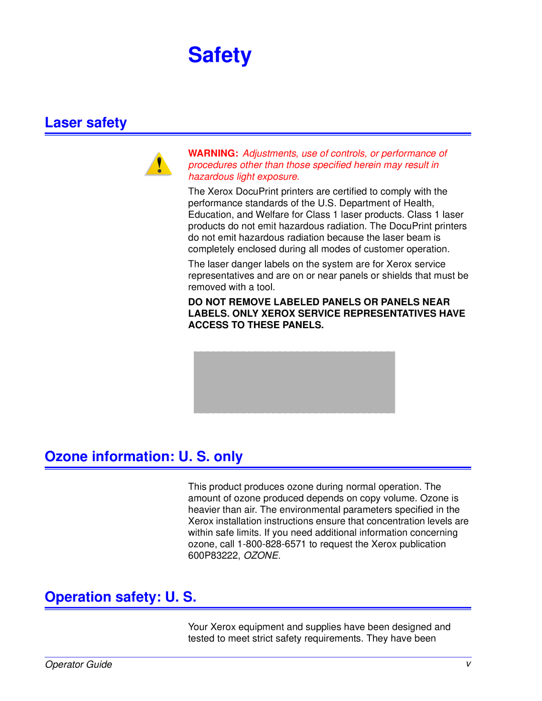 Xerox 180 EPS, 100 manual Laser safety, Ozone information U. S. only, Operation safety U. S 