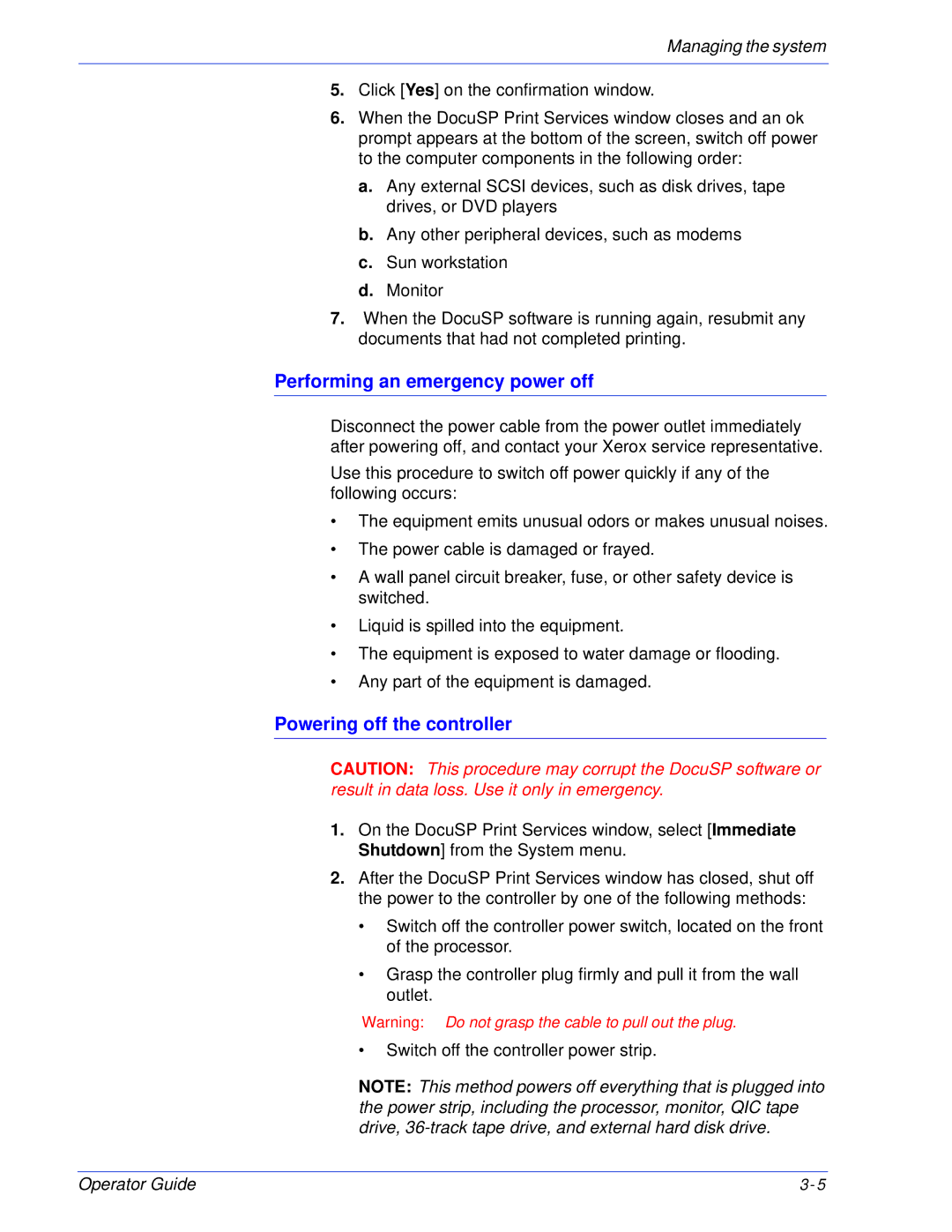 Xerox 180 EPS, 100 manual Performing an emergency power off, Powering off the controller 