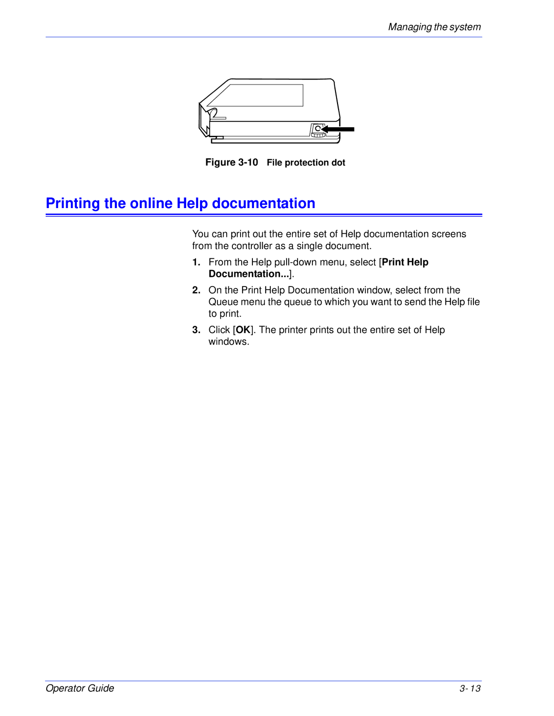 Xerox 180 EPS, 100 manual Printing the online Help documentation, 10File protection dot 