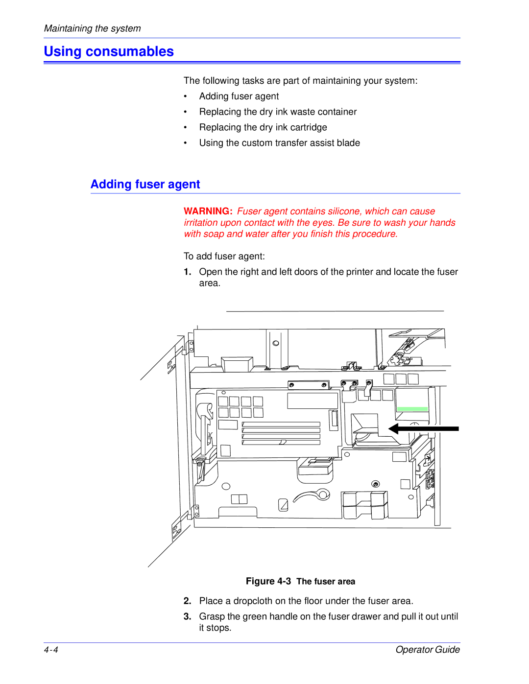 Xerox 100, 180 EPS manual Using consumables, Adding fuser agent 