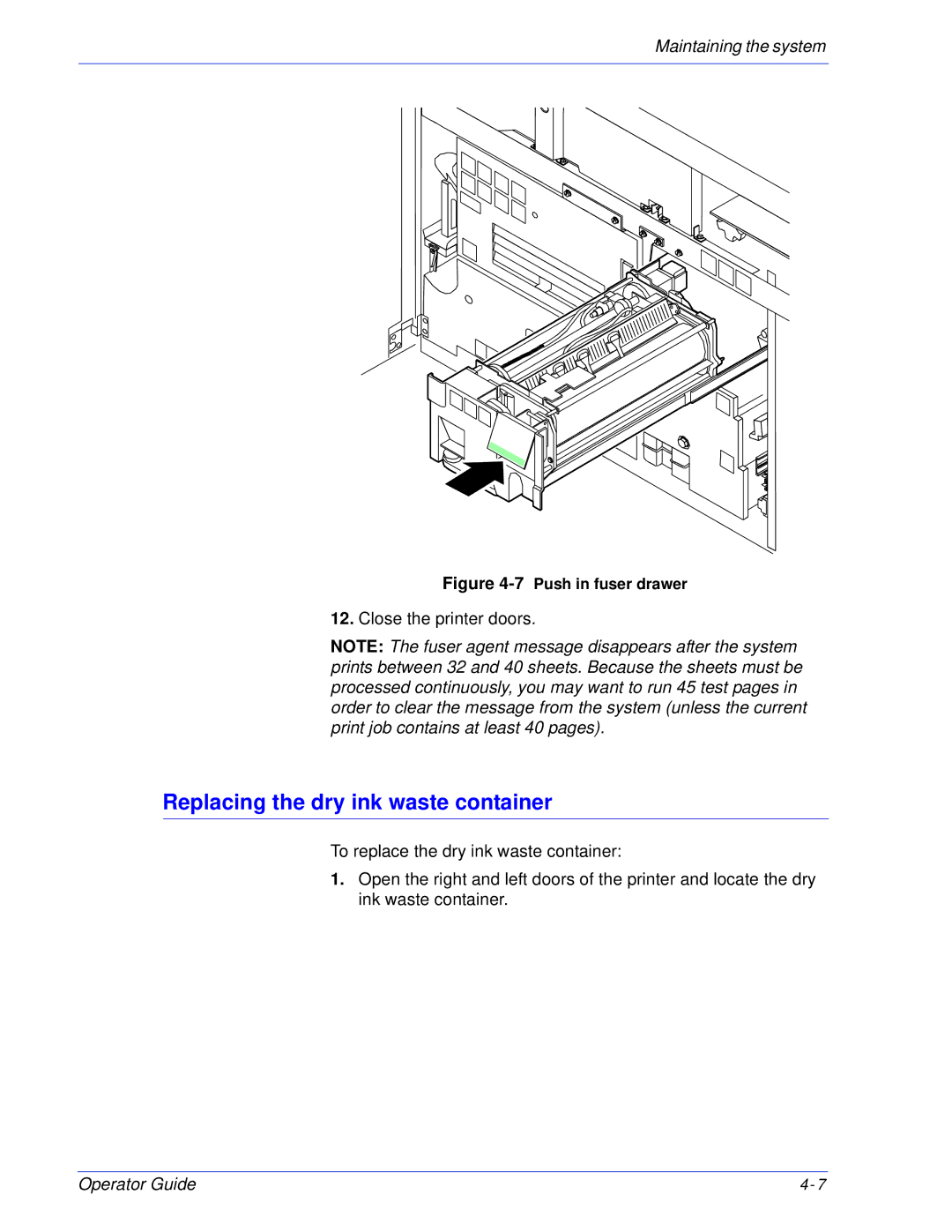 Xerox 180 EPS, 100 manual Replacing the dry ink waste container, 7Push in fuser drawer 