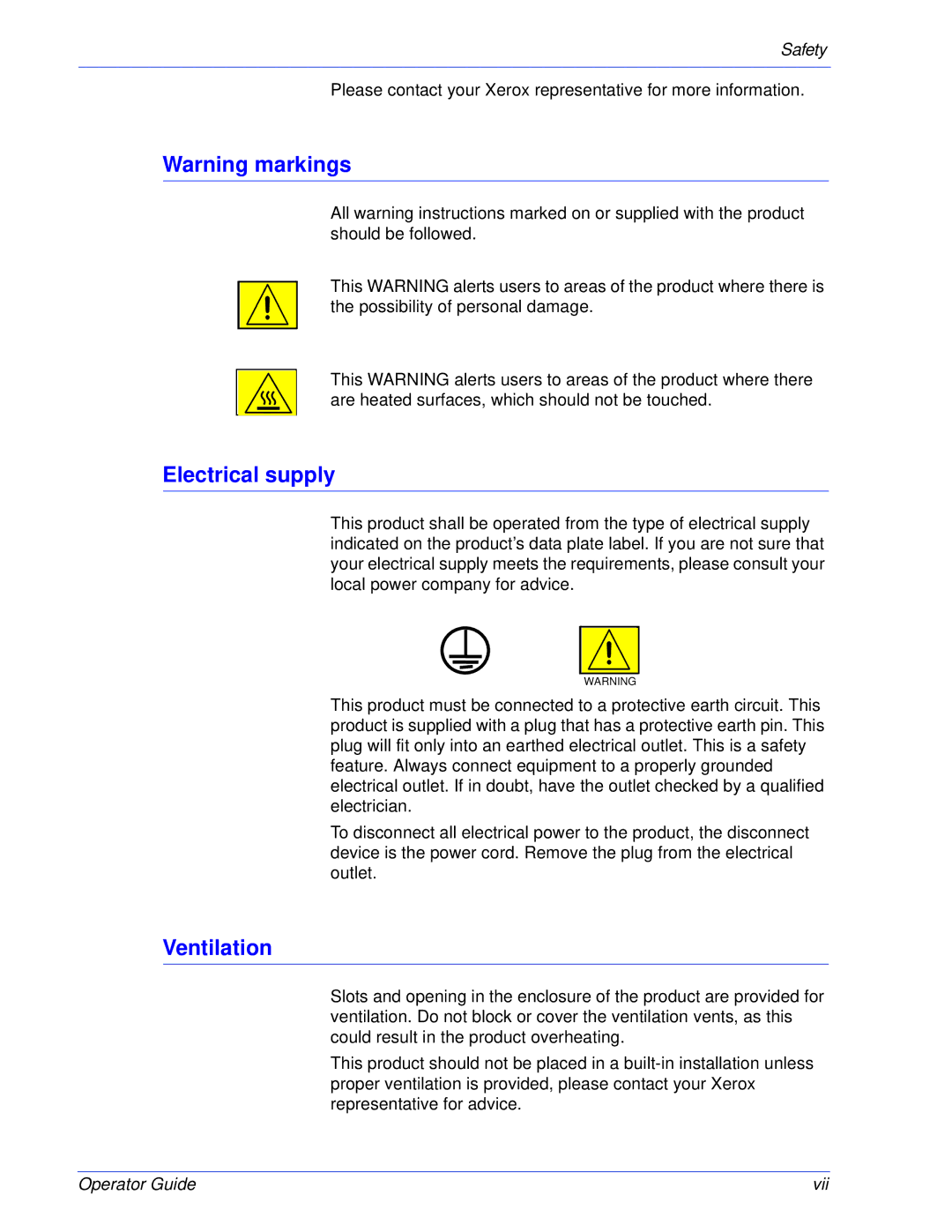 Xerox 180 EPS, 100 manual Electrical supply, Ventilation 