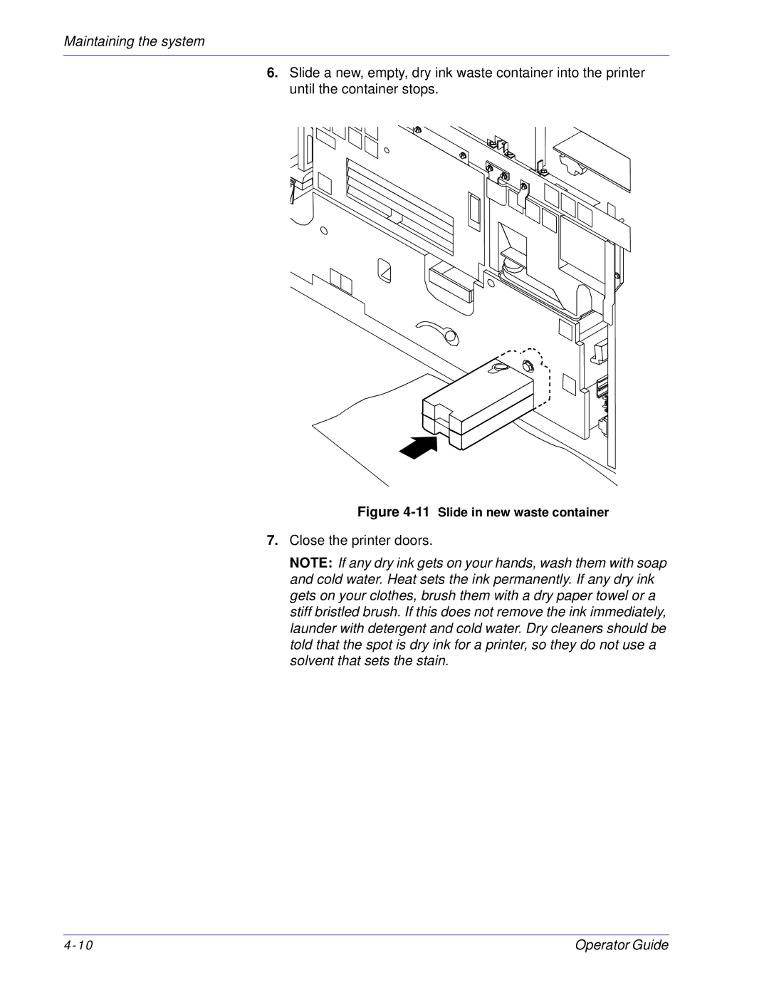 Xerox 100, 180 EPS manual 11Slide in new waste container 