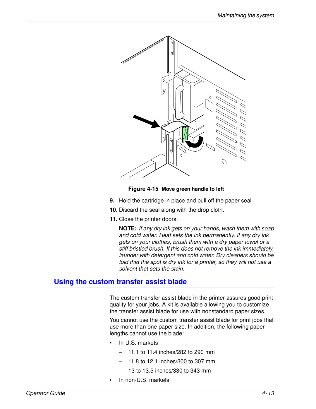 Xerox 180 EPS, 100 manual Using the custom transfer assist blade, 15Move green handle to left 