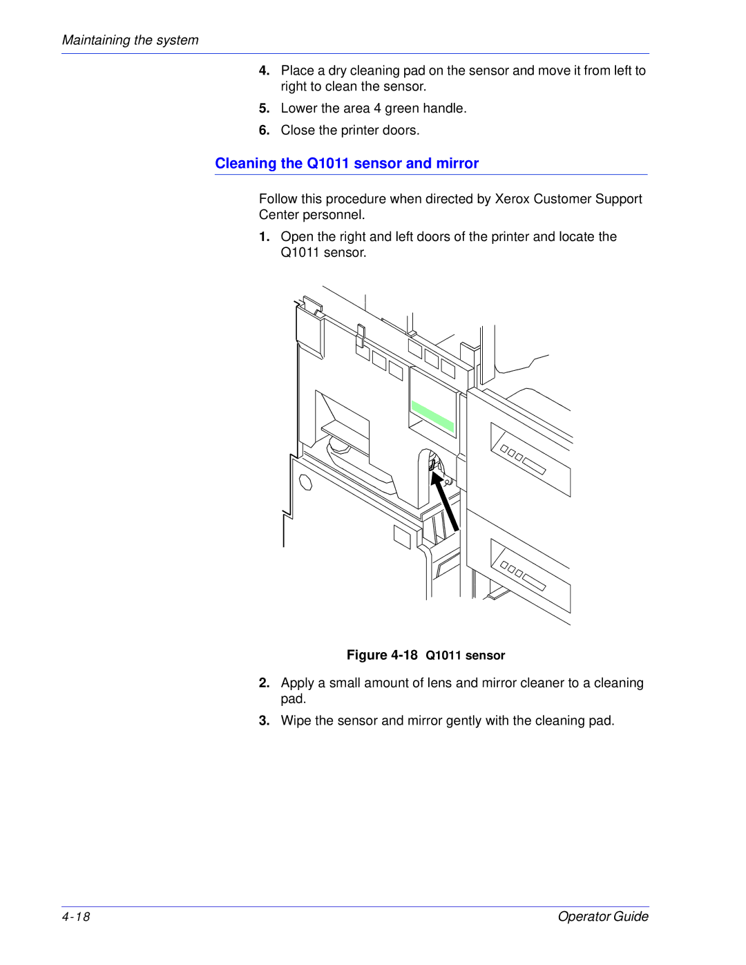 Xerox 100, 180 EPS manual Cleaning the Q1011 sensor and mirror, 18 Q1011 sensor 