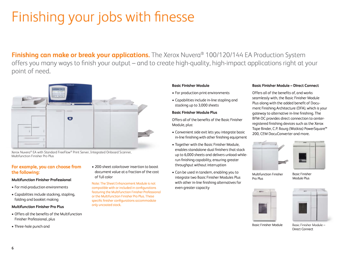 Xerox 100 EA manual Finishing your jobs with ﬁnesse, For example, you can choose from the following, Basic Finisher Module 