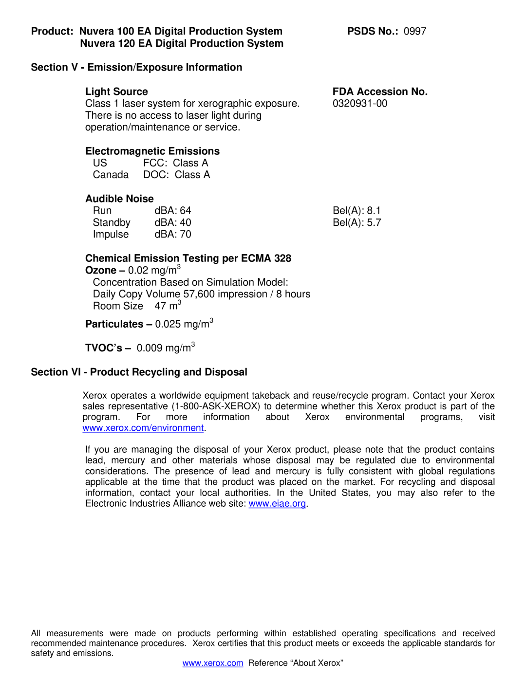 Xerox 100 manual Electromagnetic Emissions, Audible Noise, Chemical Emission Testing per Ecma, Particulates 0.025 mg/m3 