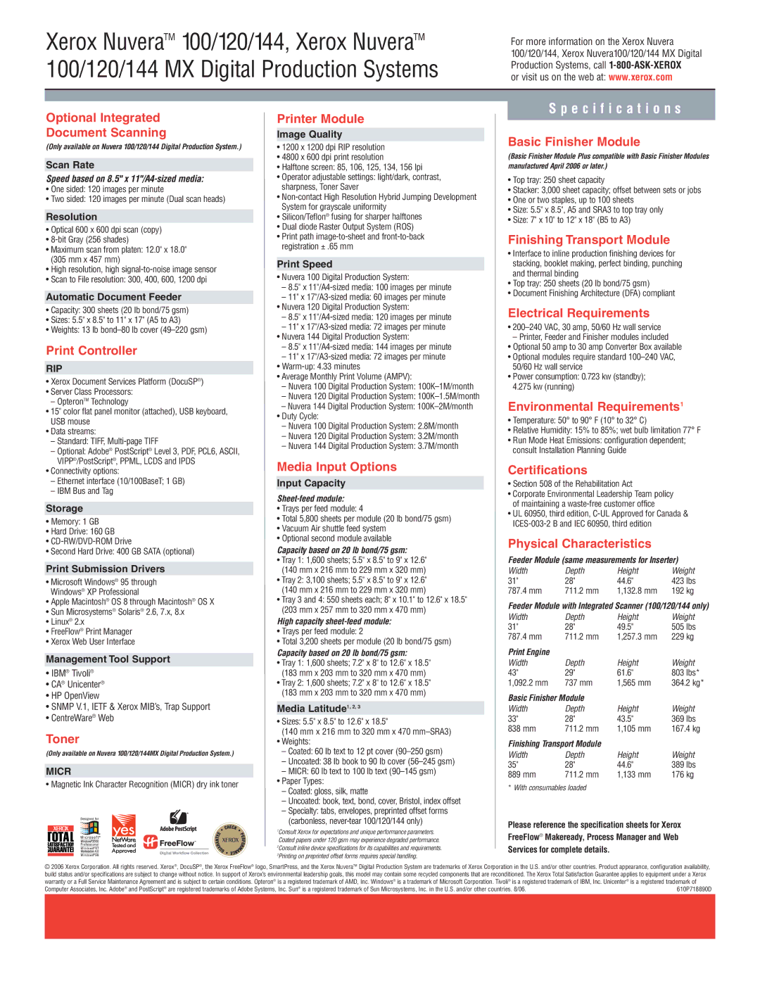 Xerox 100/120/144 MX Optional Integrated Document Scanning, Print Controller, Toner, Printer Module, Media Input Options 