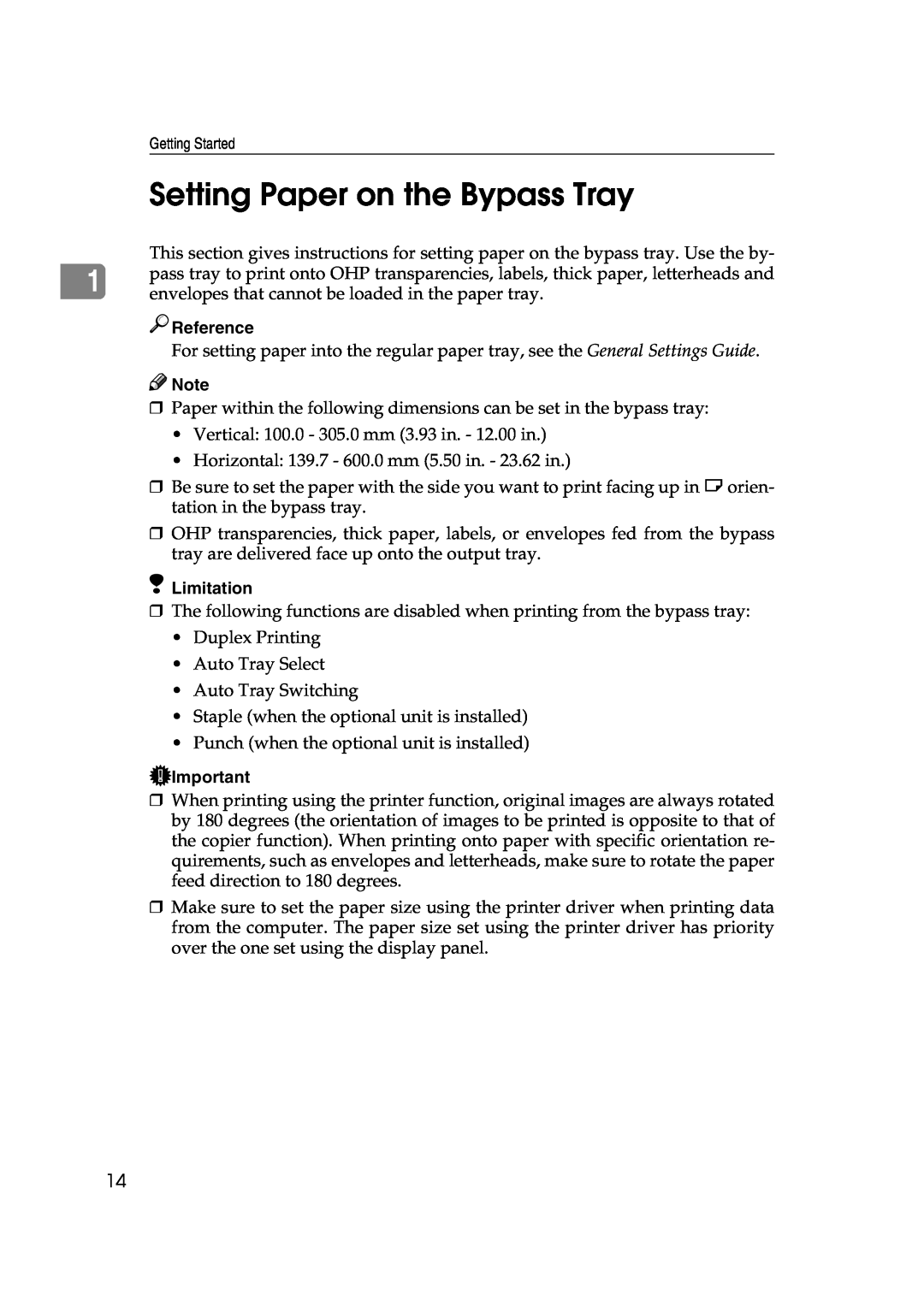 Xerox 1075 manual Setting Paper on the Bypass Tray, Reference, Limitation 