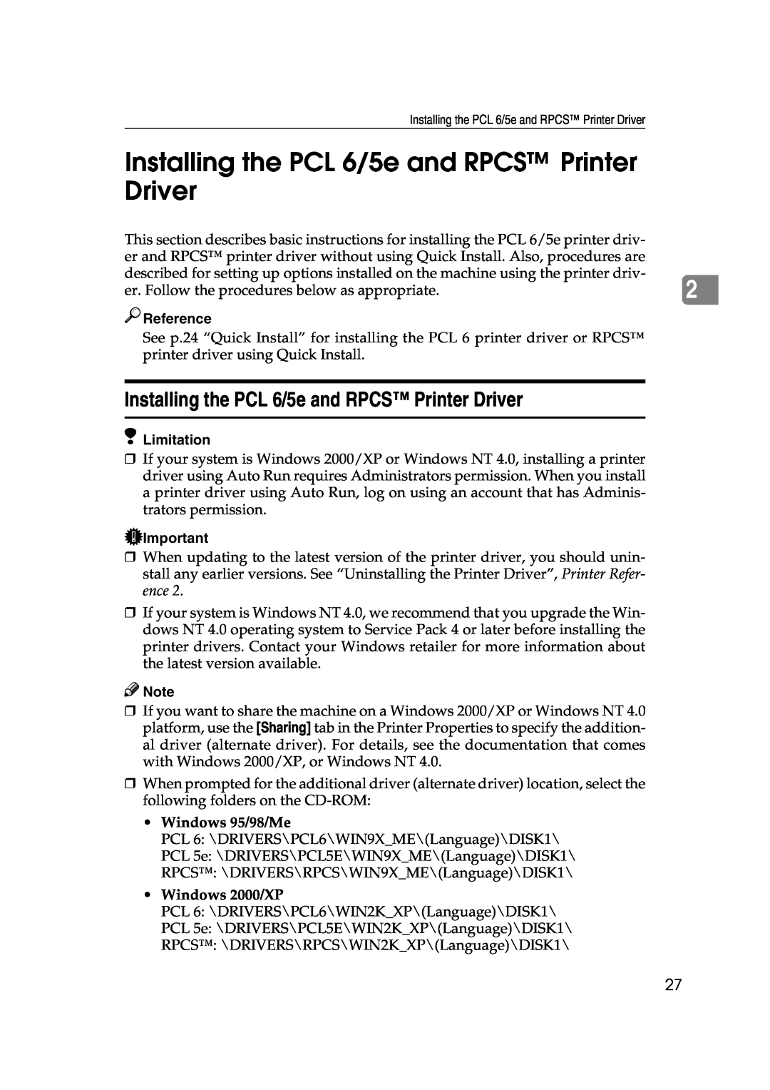 Xerox 1075 manual Installing the PCL 6/5e and RPCS Printer Driver, Reference, Limitation 