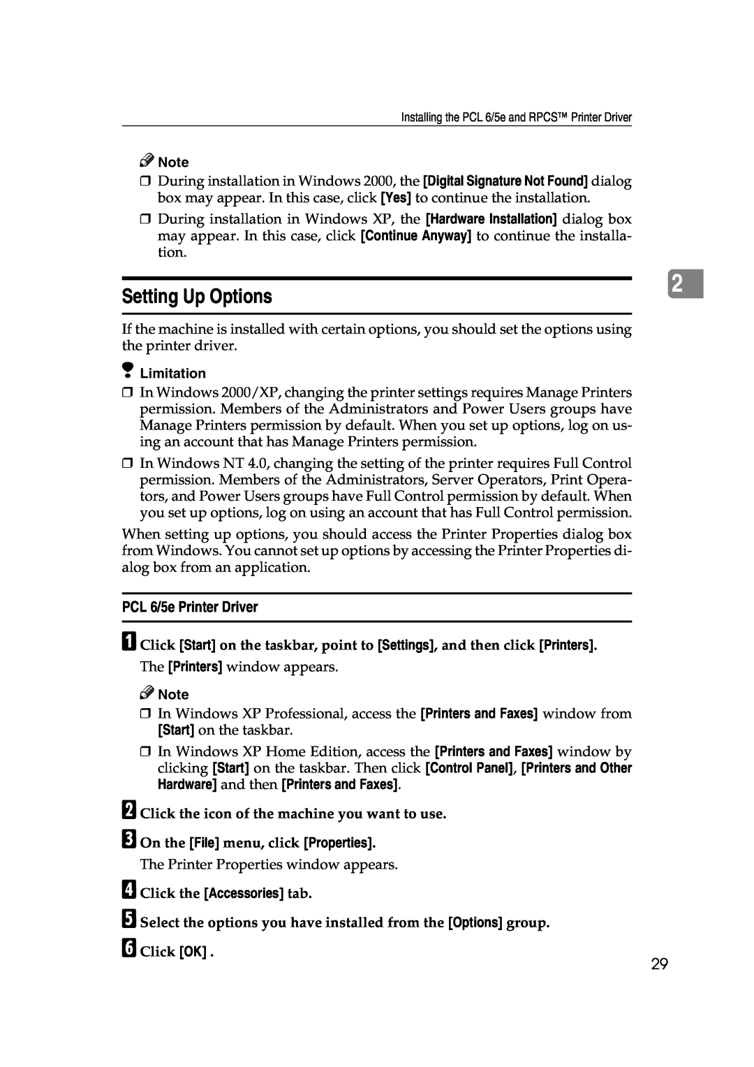 Xerox 1075 manual Setting Up Options, PCL 6/5e Printer Driver, Limitation 