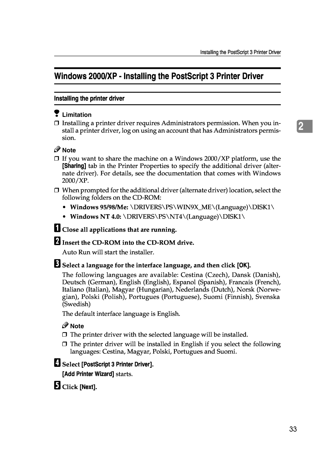 Xerox 1075 manual Windows 2000/XP - Installing the PostScript 3 Printer Driver, Installing the printer driver, Limitation 