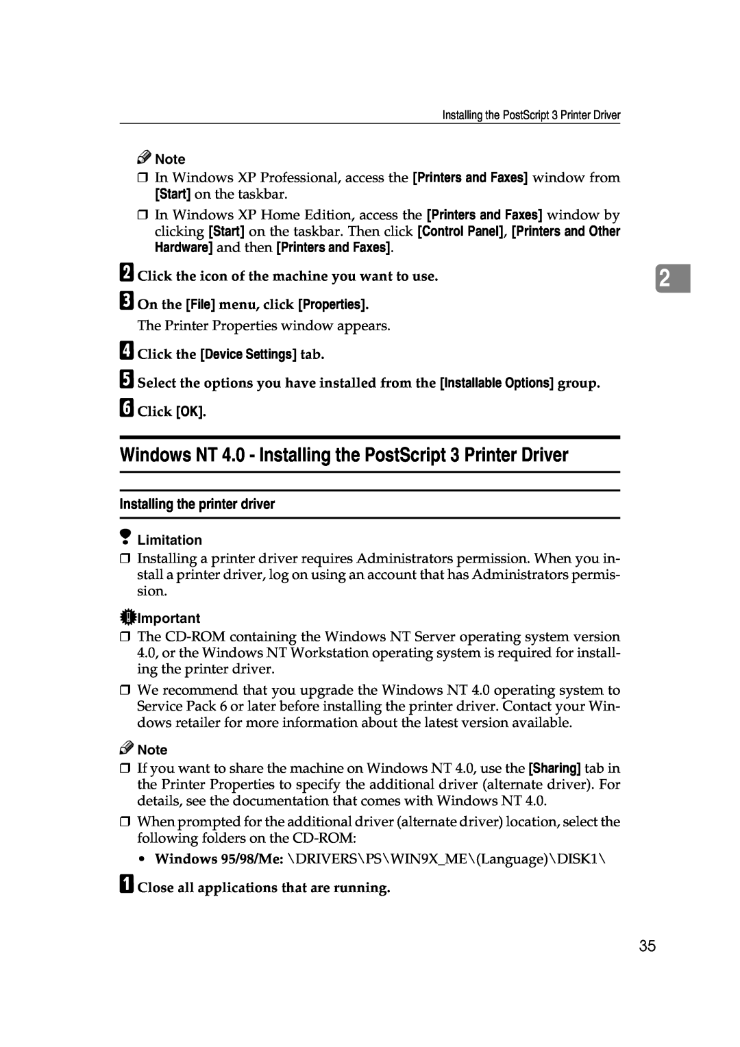 Xerox 1075 manual Windows NT 4.0 - Installing the PostScript 3 Printer Driver, D Click the Device Settings tab, Limitation 
