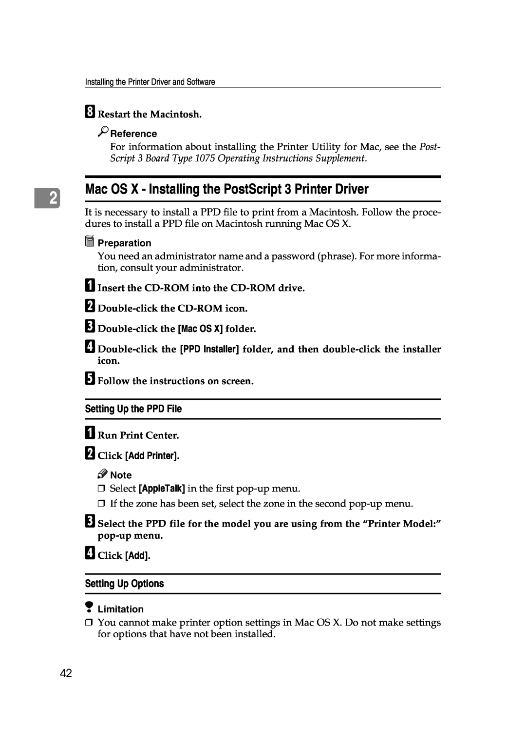 Xerox 1075 manual Mac OS X - Installing the PostScript 3 Printer Driver, Setting Up Options, B Click Add Printer, Reference 