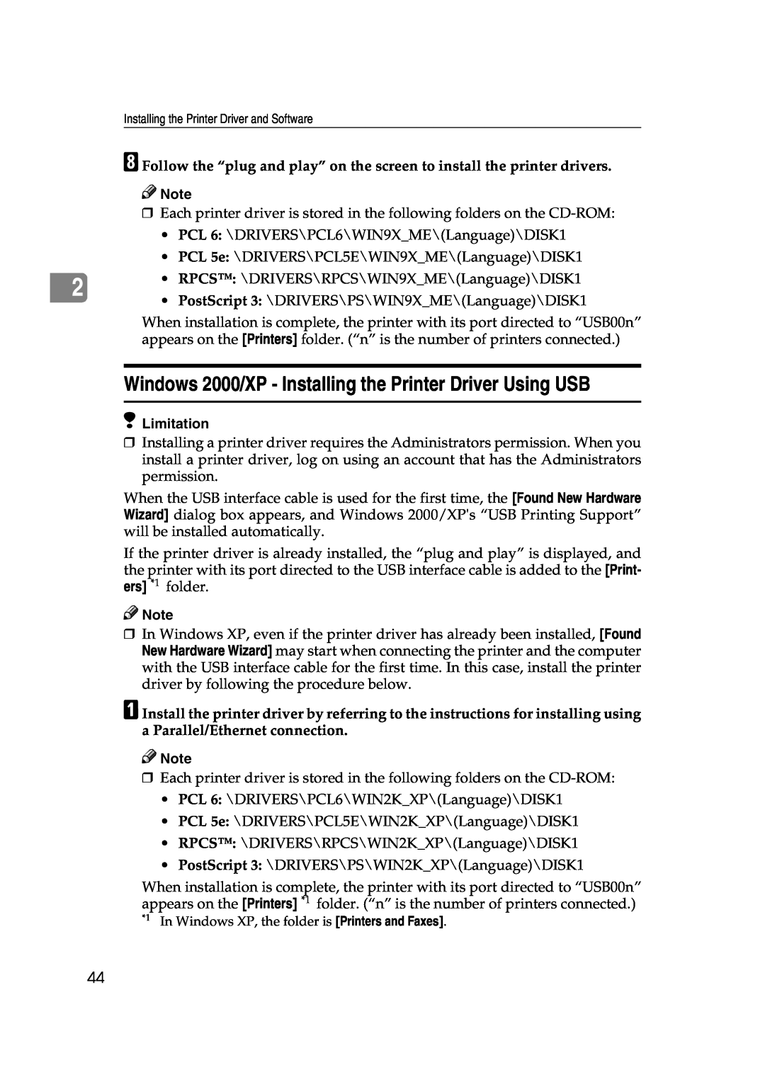 Xerox 1075 manual Windows 2000/XP - Installing the Printer Driver Using USB, Limitation 