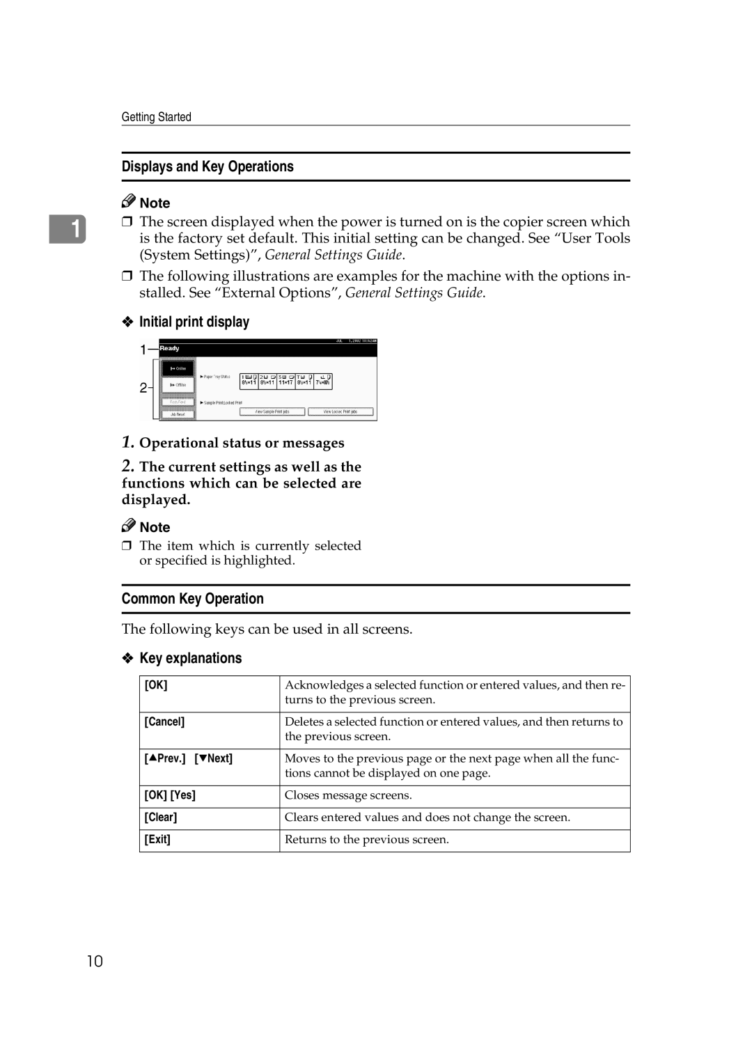 Xerox 1075 manual Displays and Key Operations, Initial print display, Common Key Operation, Key explanations 