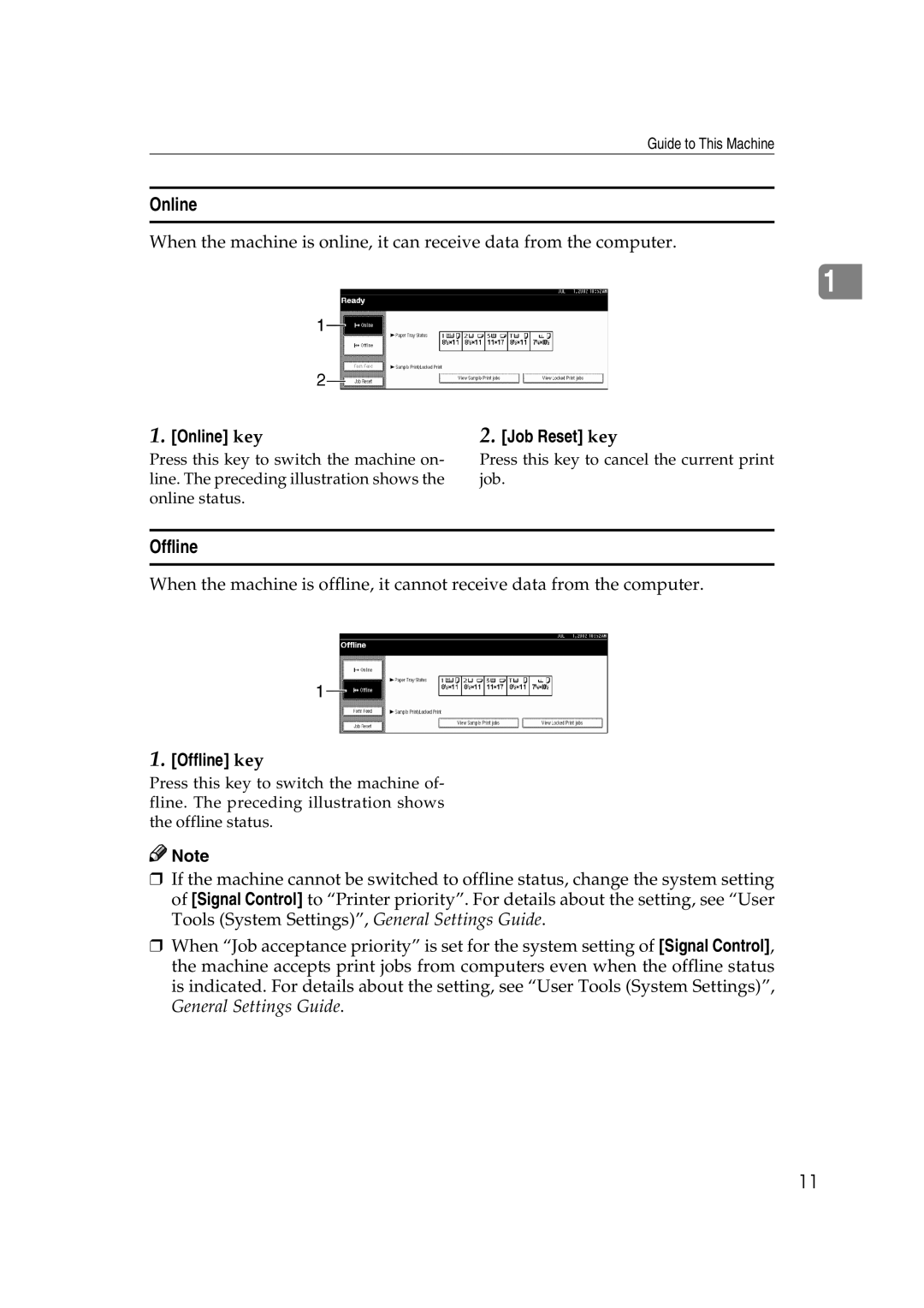 Xerox 1075 manual Online key, Offline key 