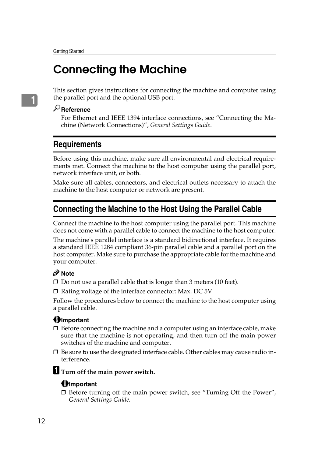 Xerox 1075 Requirements, Connecting the Machine to the Host Using the Parallel Cable, Turn off the main power switch 