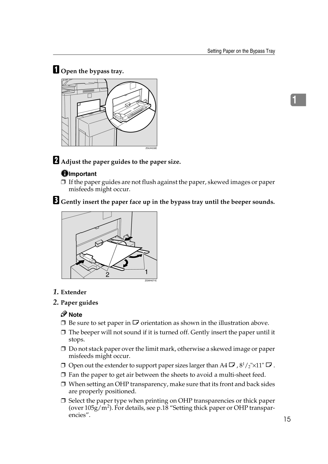 Xerox 1075 manual Open the bypass tray, Adjust the paper guides to the paper size, Extender Paper guides 