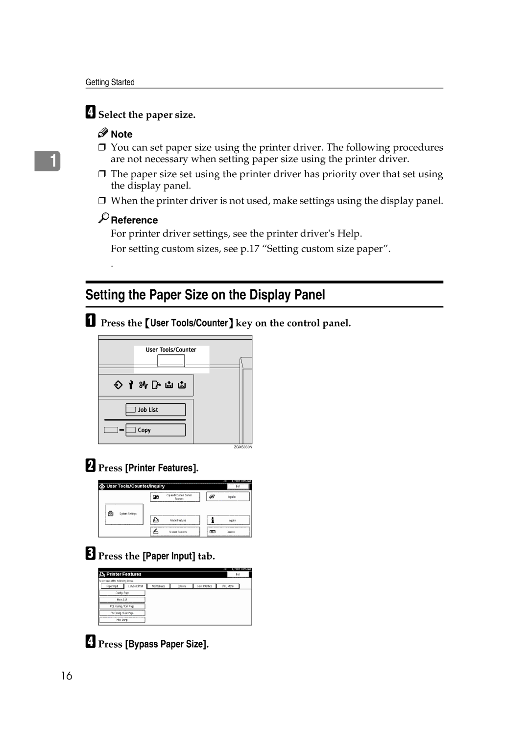 Xerox 1075 manual Setting the Paper Size on the Display Panel, Press Printer Features, Press Bypass Paper Size 