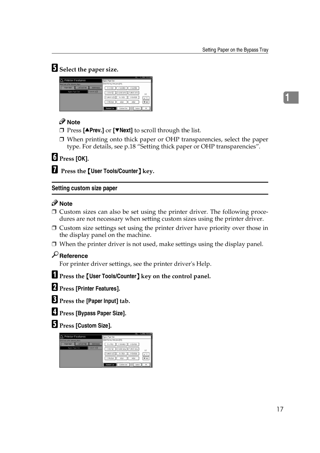 Xerox 1075 manual Setting custom size paper, Press OK, Press the User Tools/Counter key 