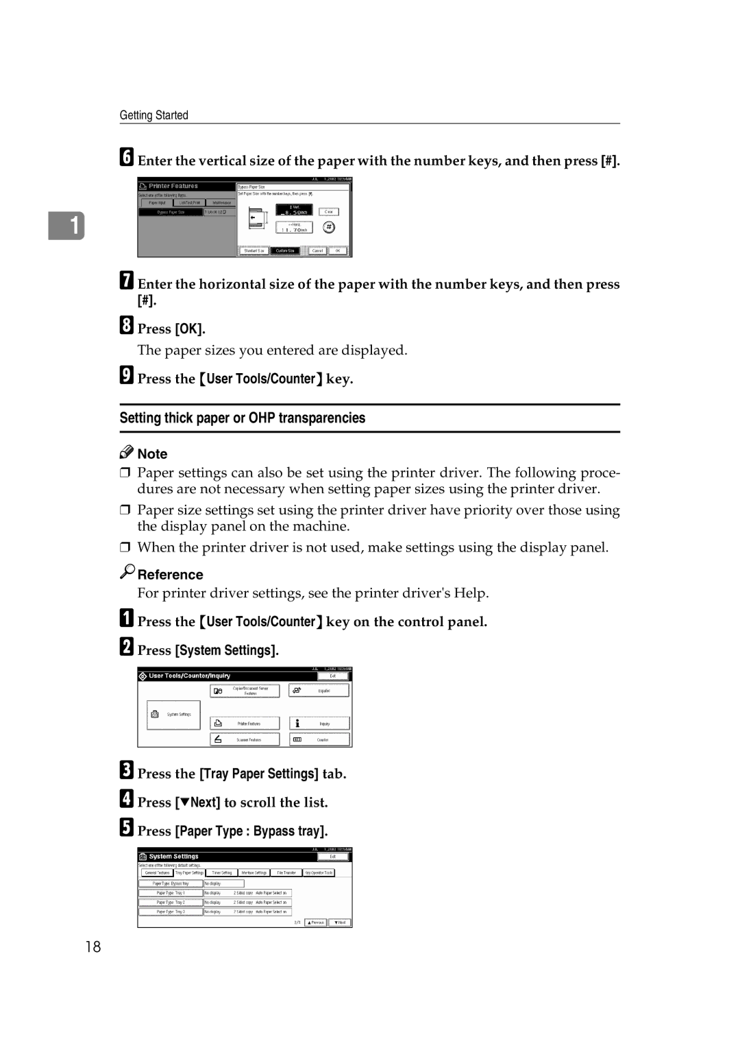 Xerox 1075 manual Setting thick paper or OHP transparencies, Press System Settings Press the Tray Paper Settings tab 