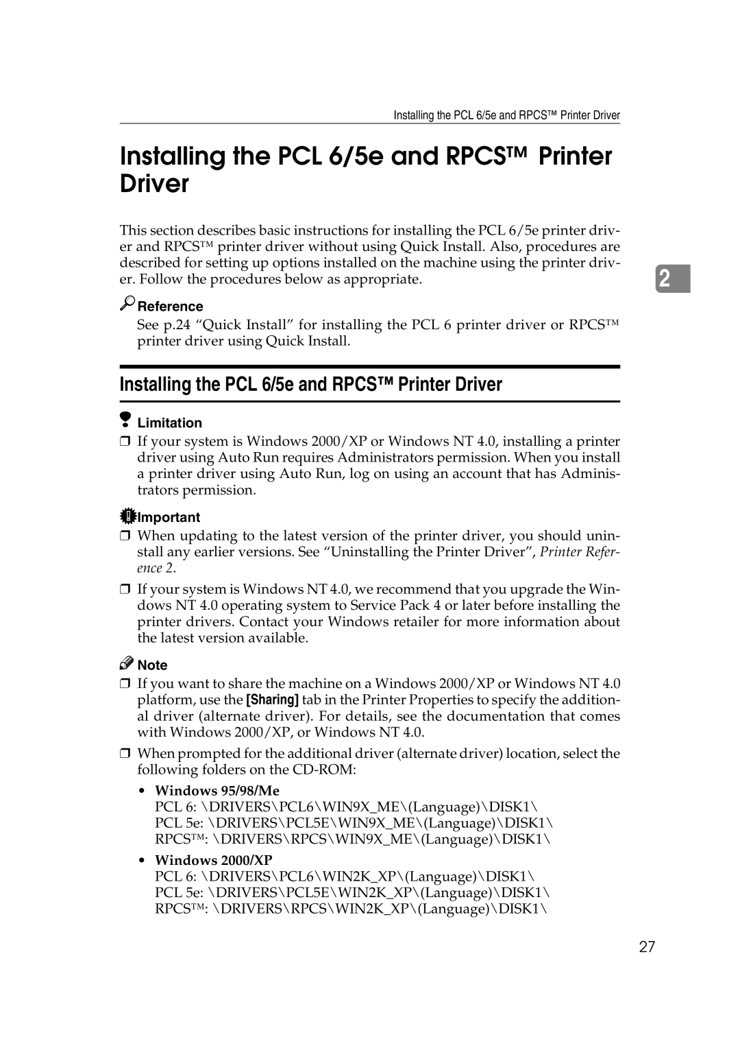 Xerox 1075 manual Installing the PCL 6/5e and Rpcs Printer Driver, Windows 95/98/Me, Windows 2000/XP 