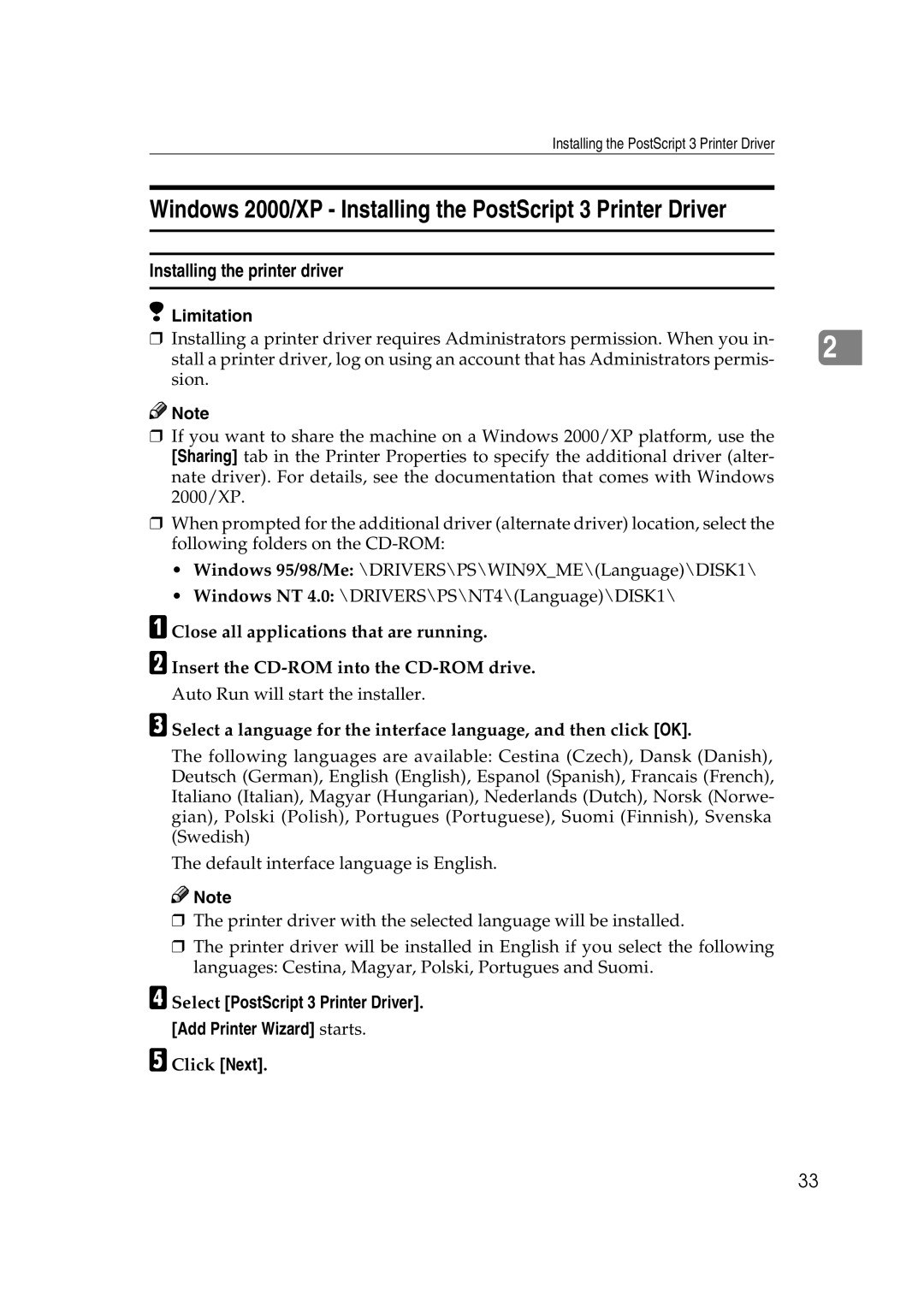 Xerox 1075 manual Windows 2000/XP Installing the PostScript 3 Printer Driver, Click Next 