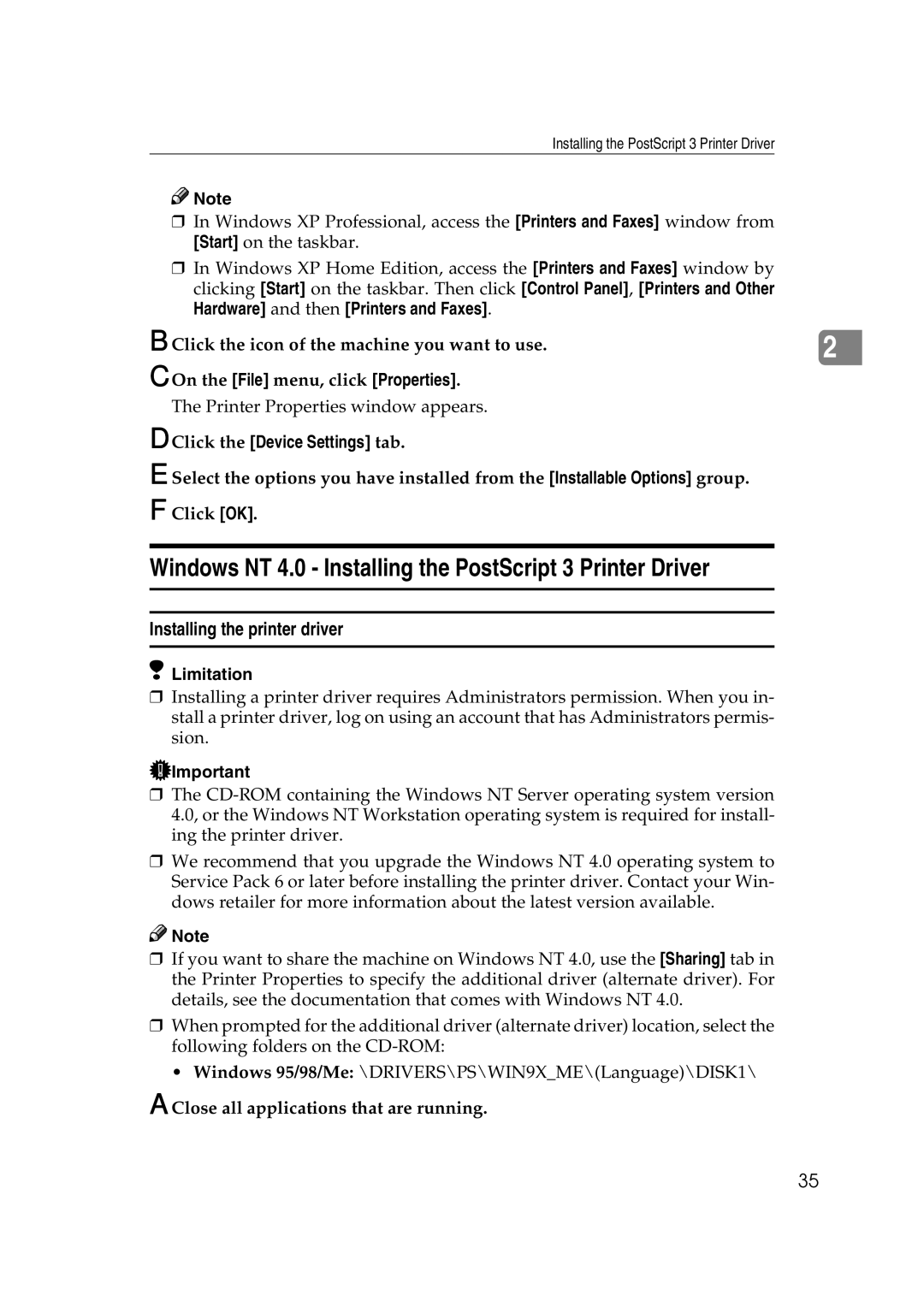 Xerox 1075 manual Windows NT 4.0 Installing the PostScript 3 Printer Driver, Click the Device Settings tab 