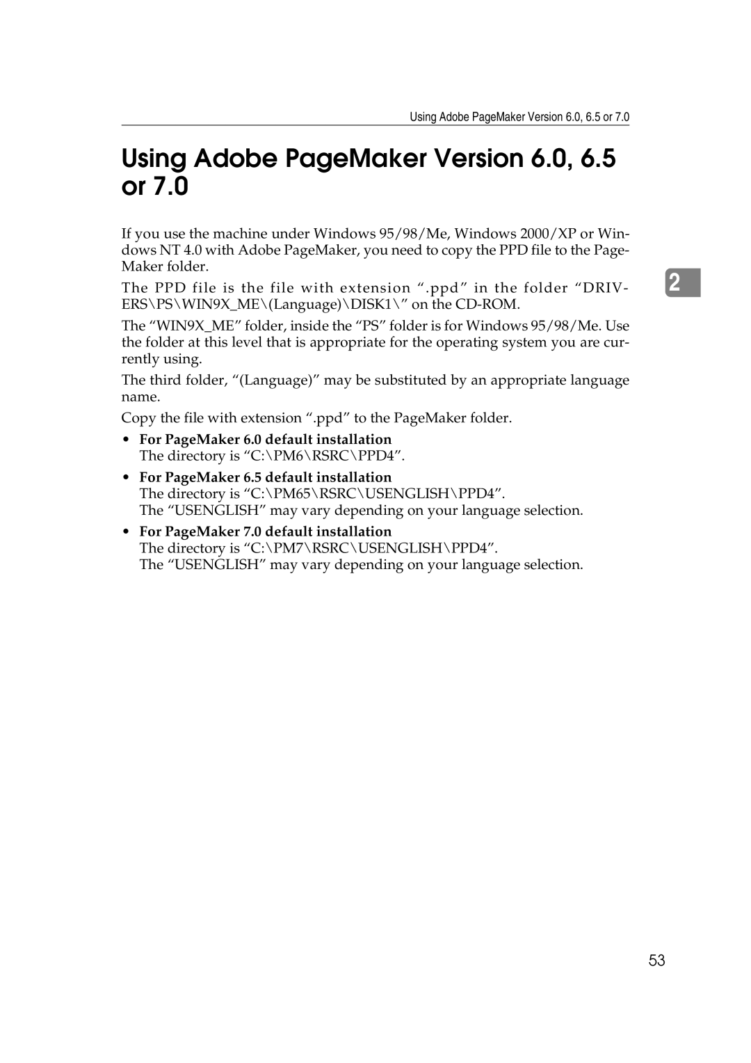 Xerox 1075 manual Using Adobe PageMaker Version 6.0, 6.5 or, For PageMaker 7.0 default installation 