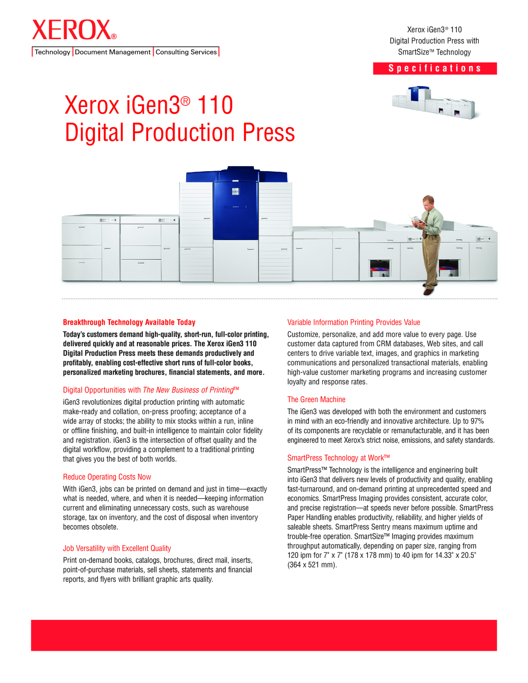 Xerox 110 specifications Xerox iGen3 Digital Production Press, S p e c i f i c a t i o n s, SmartSizeTM Technology 