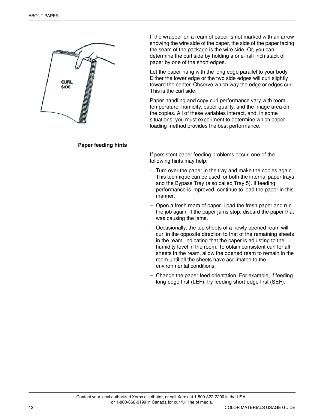 Xerox 12 manual Paper feeding hints, About Paper, Color Materials Usage Guide 